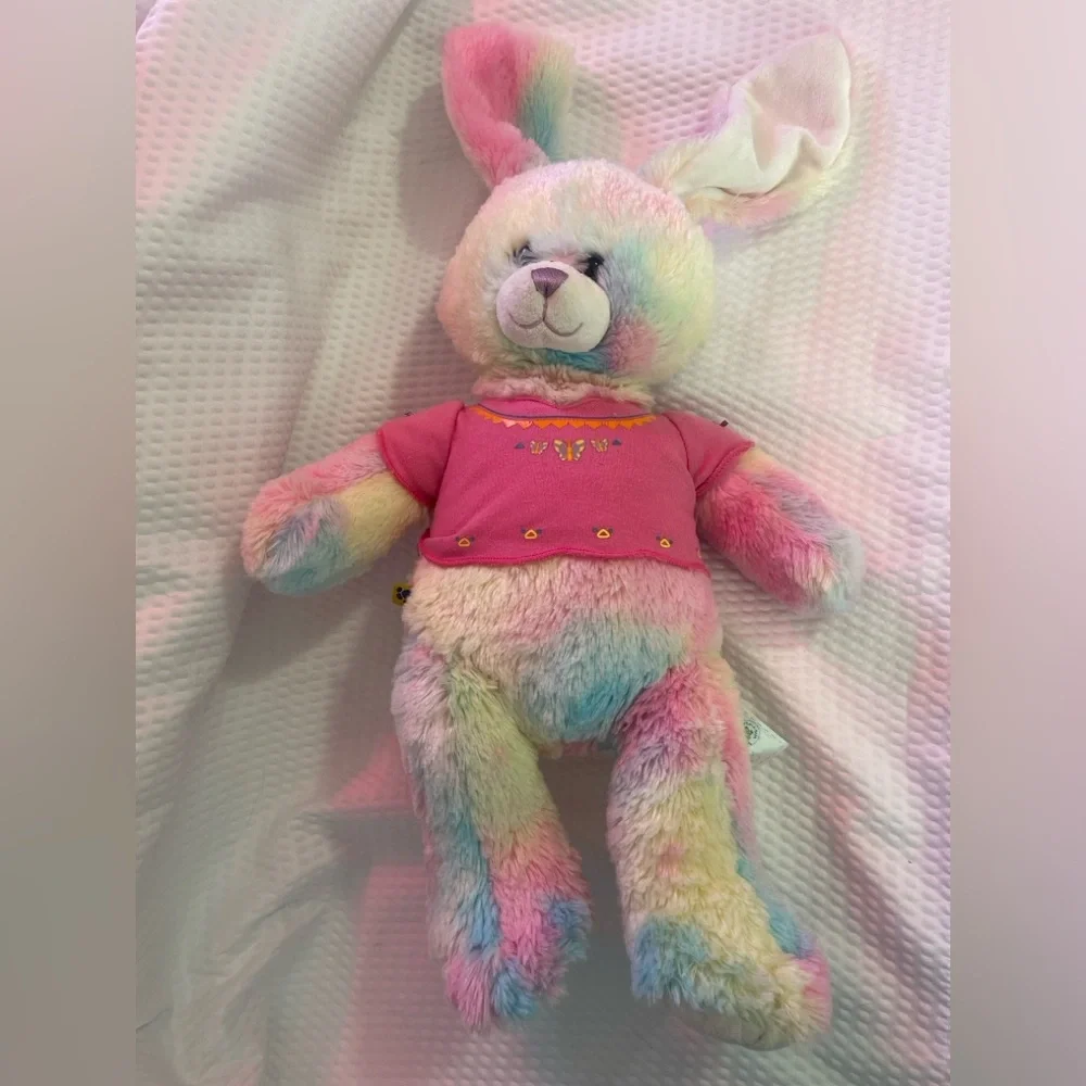 Build-A-Bear Pastel Rainbow Swirl Bunny Plush + Pink Shirt | 16” | BABW